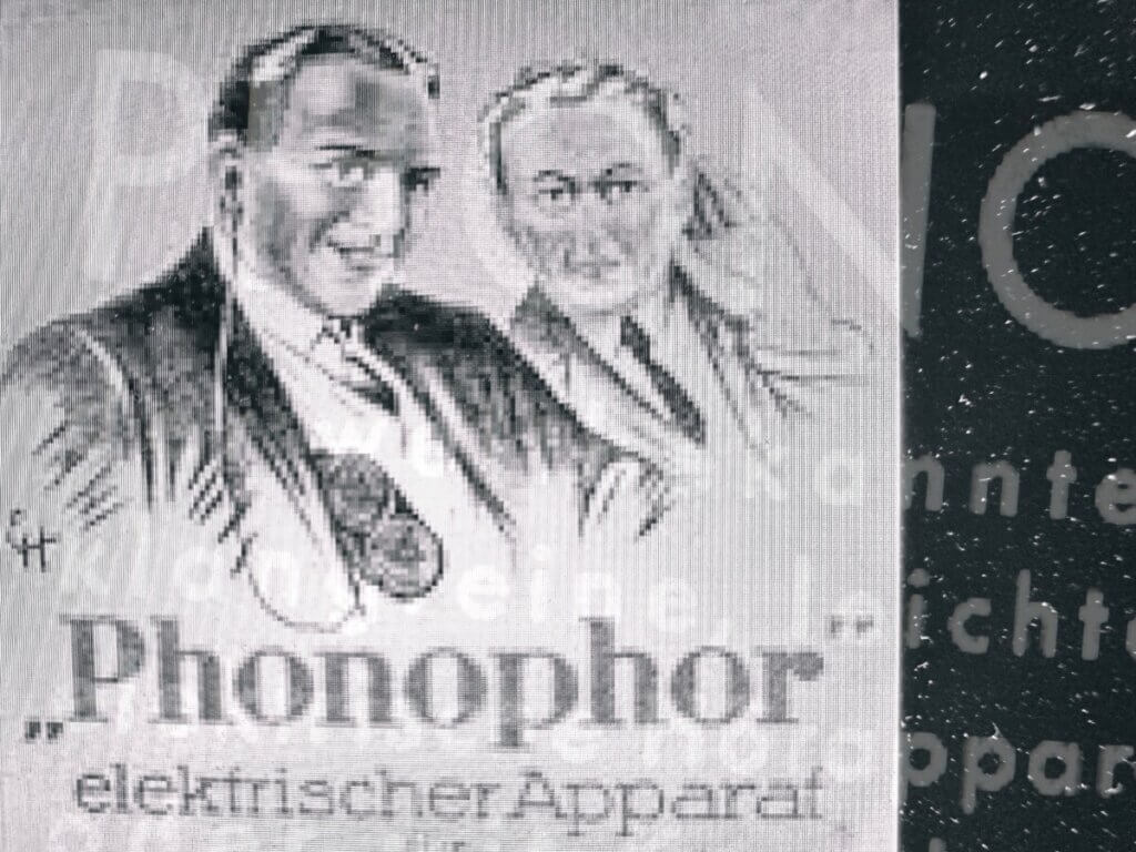 Eine Collage aus alter Werbung für den Phonophor von Siemens & Halske