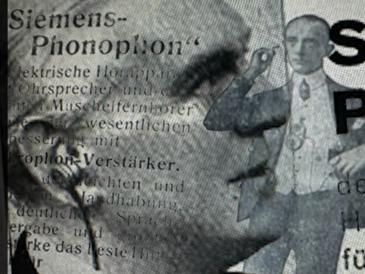 Eine Collage aus alter Werbung für den Phonophor von Siemens & Halske